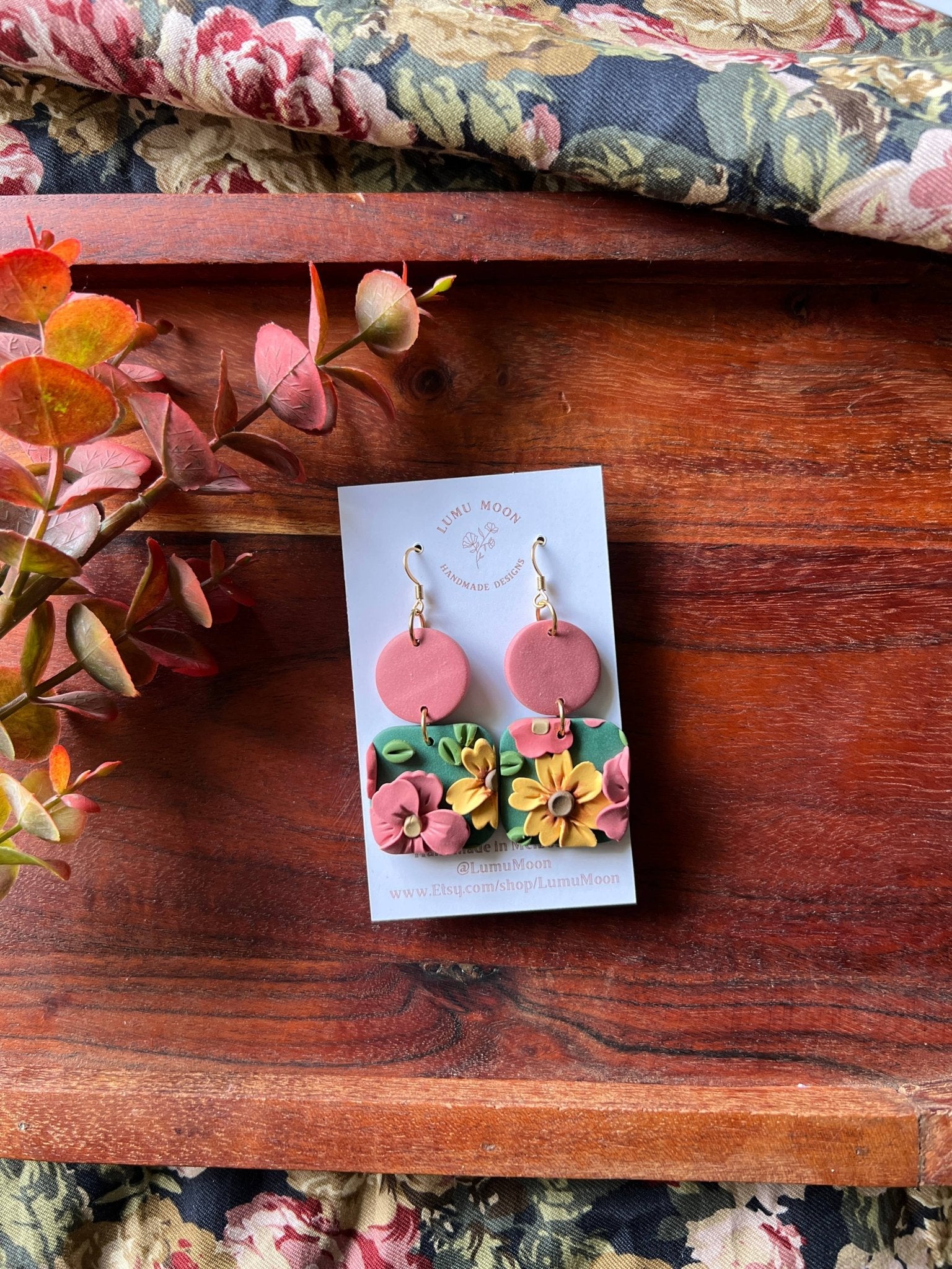 Green Spring Floral Earrings - Two colour Square bottom Earrings - Land to Coast