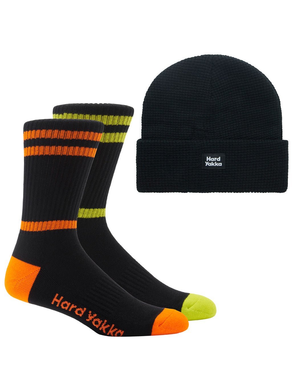Hard Yakka 3056 Sock & Beanie Bundle 2 Pack Black Waffle Knit Beanie Crew Socks Y20110 - Land to Coast