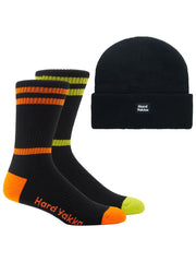 Hard Yakka 3056 Sock & Beanie Bundle 2 Pack Black Waffle Knit Beanie Crew Socks Y20110 - Land to Coast