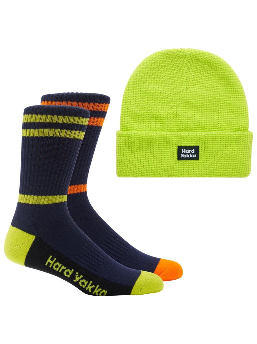 Hard Yakka 3056 Sock & Beanie Bundle 2 Pack Yellow Waffle Knit Beanie Crew Socks Y20110 - Land to Coast