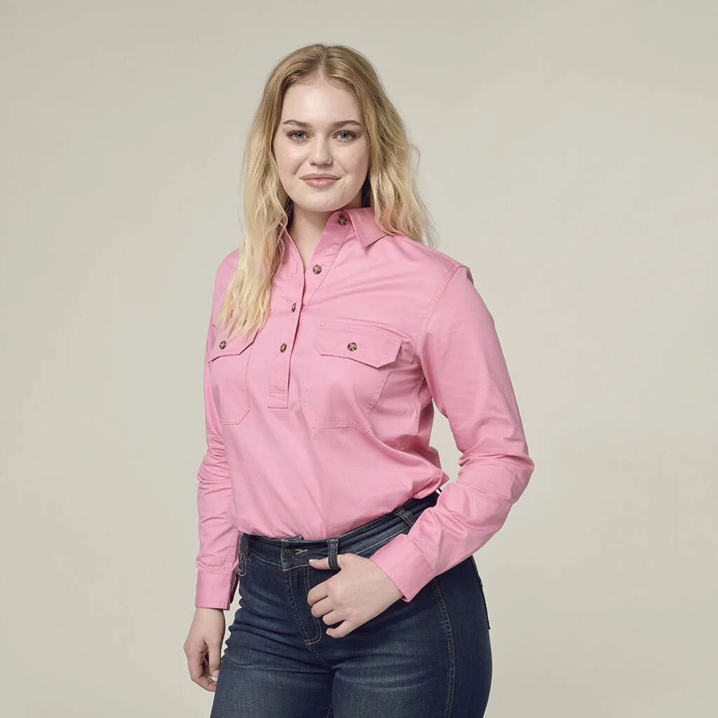 Hard Yakka Women’s Heritage Closed Front Drill Shirt Blush Durable Workwear Y08399 - Land to Coast