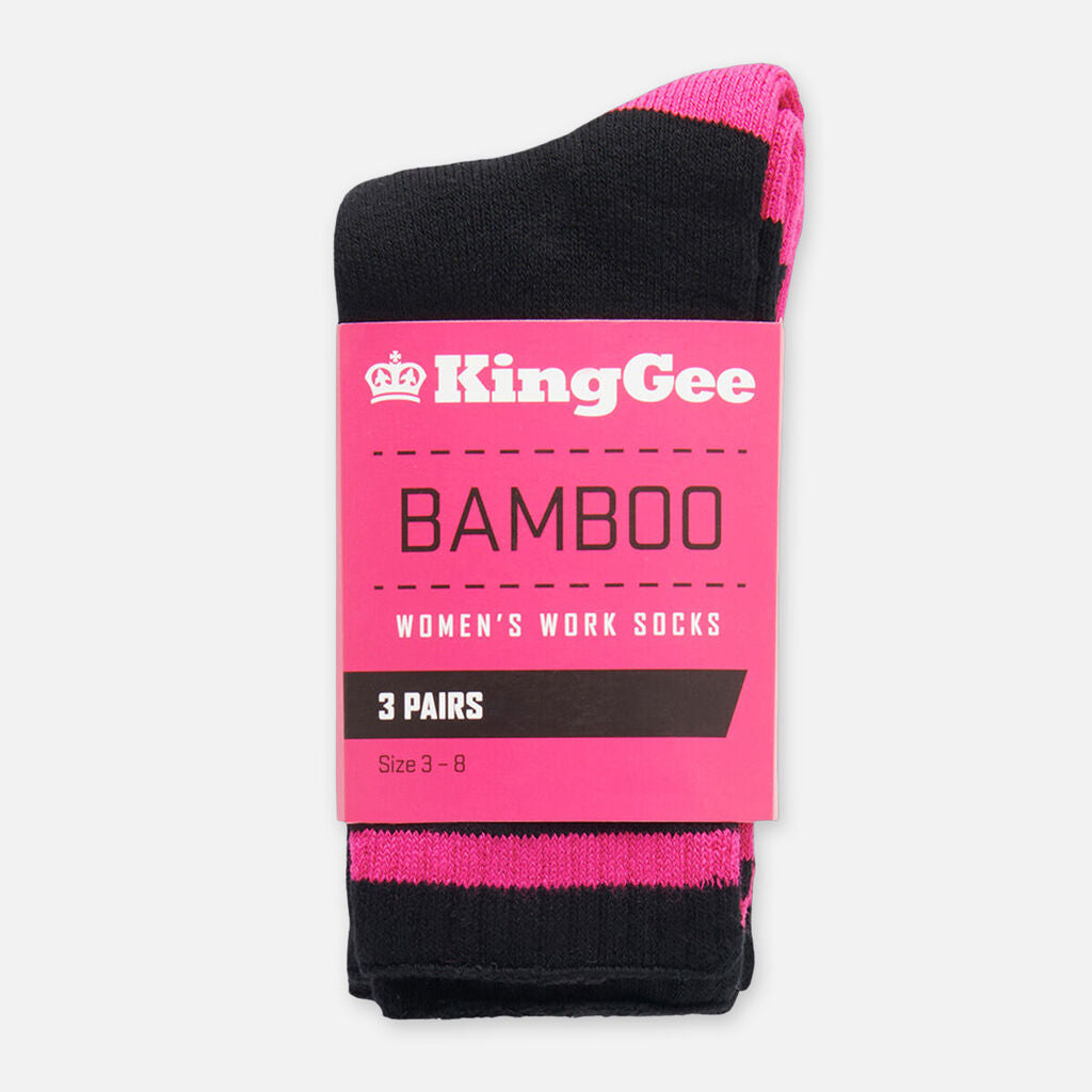 KingGee Women’s Bamboo Crew Work Socks 3 Pk Seam Free Breathable 3-8 Black/Pink K49015