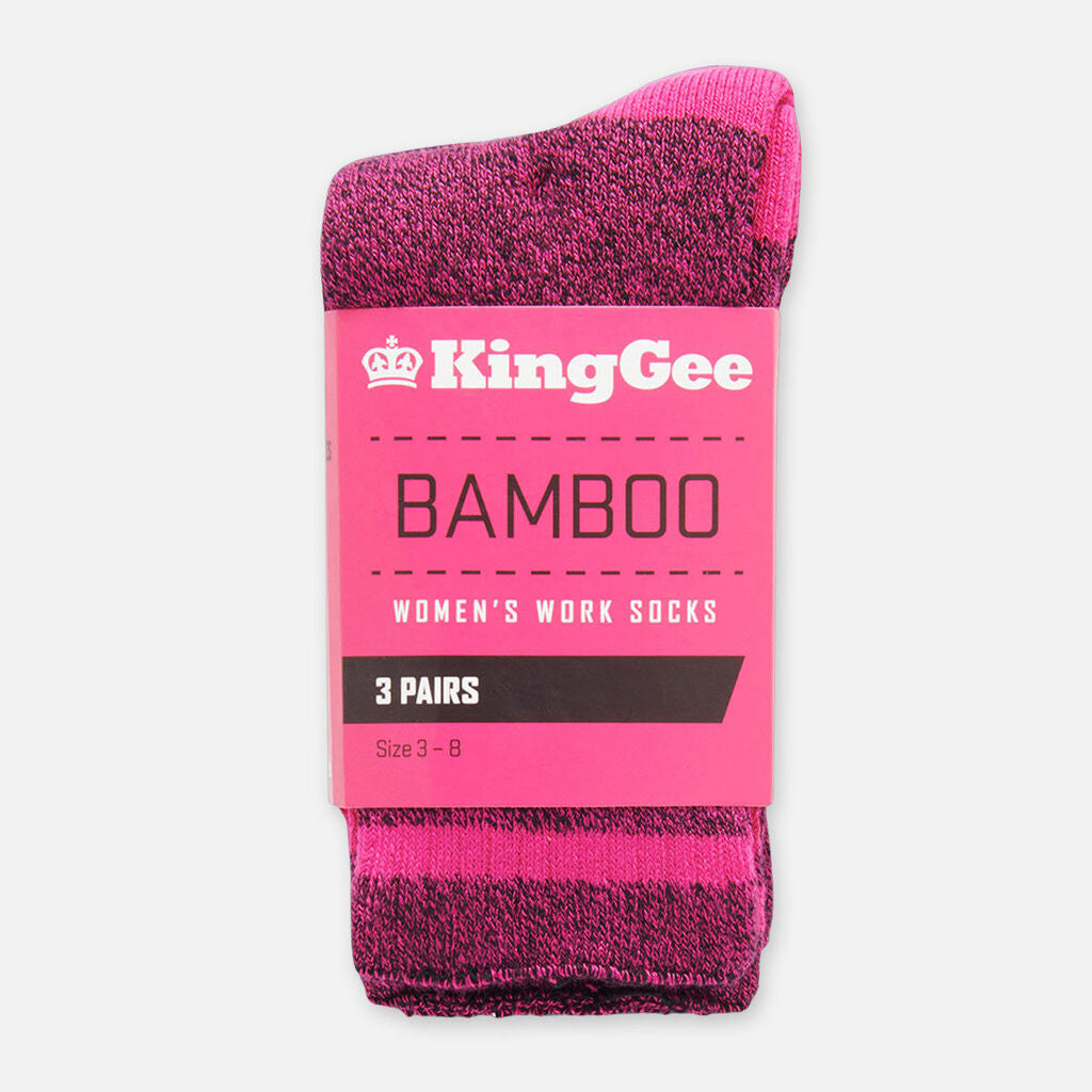 KingGee Women’s Bamboo Crew Work Socks 3 Pk Seam Free Breathable 3-8 Pink Marle K49015