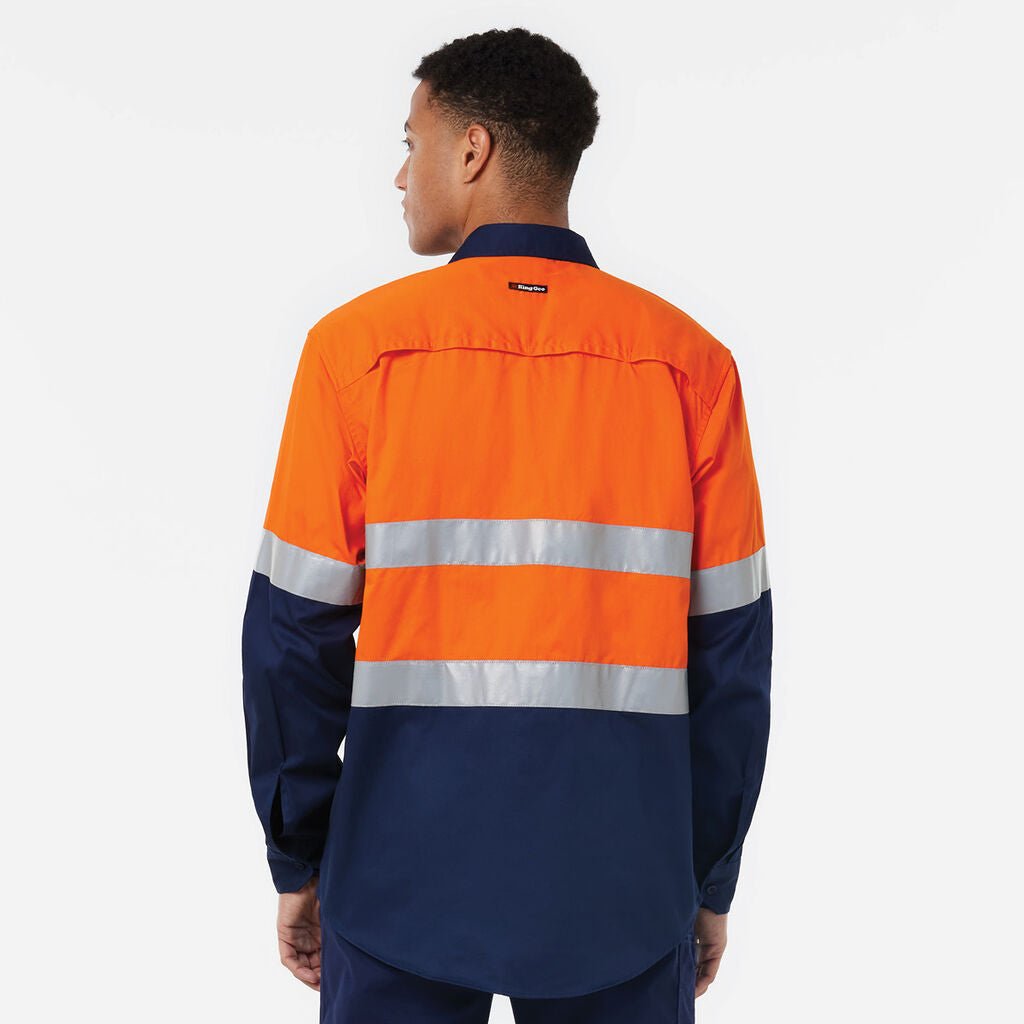 KingGee Basic Vented Spliced Drill Shirt with Reflective Tape LS Orange/Navy K54025 - Land to Coast