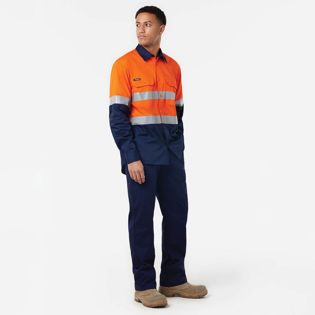 KingGee Basic Vented Spliced Drill Shirt with Reflective Tape LS Orange/Navy K54025 - Land to Coast
