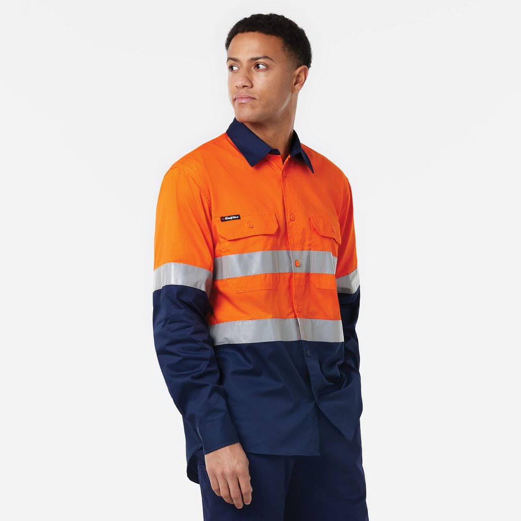 KingGee Basic Vented Spliced Drill Shirt with Reflective Tape LS Orange/Navy K54025 - Land to Coast