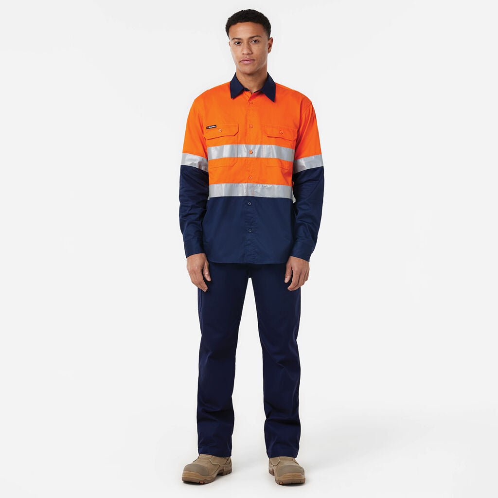 KingGee Basic Vented Spliced Drill Shirt with Reflective Tape LS Orange/Navy K54025 - Land to Coast