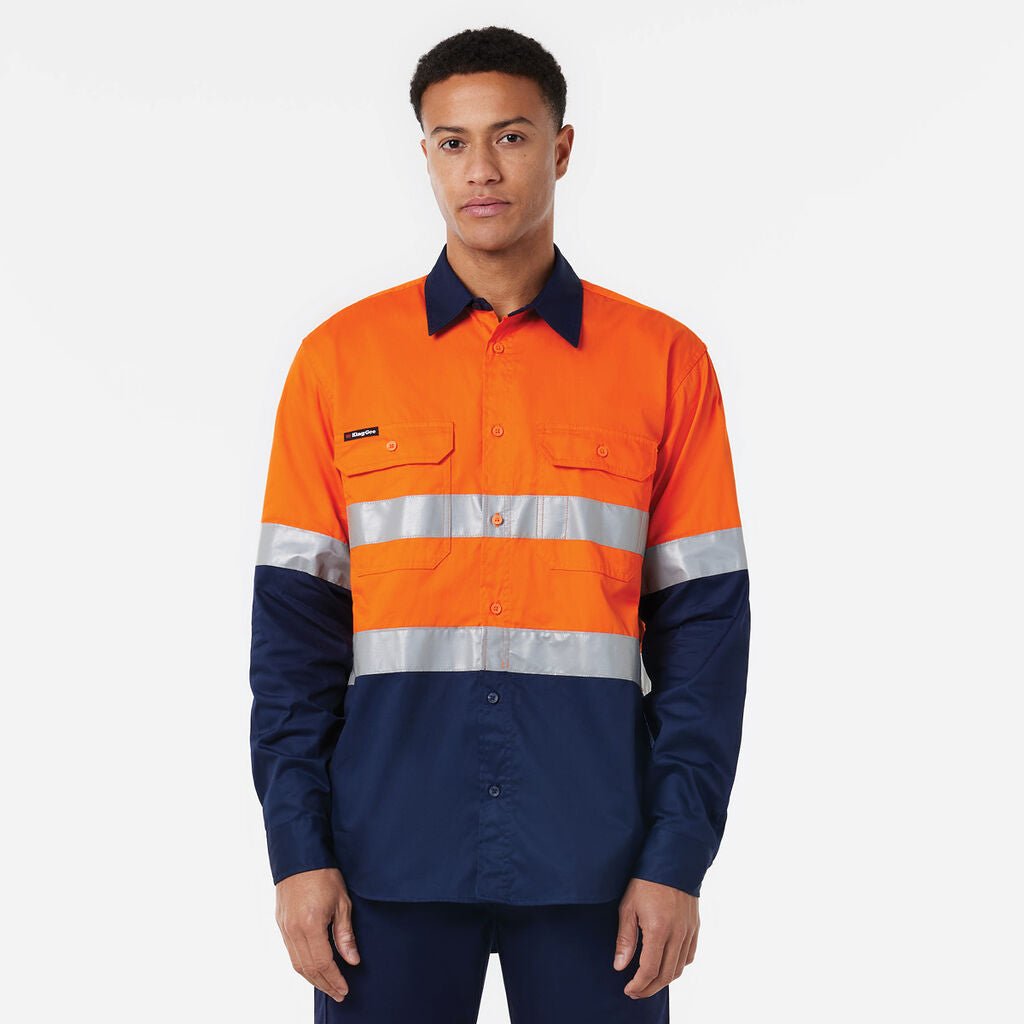 KingGee Basic Vented Spliced Drill Shirt with Reflective Tape LS Orange/Navy K54025 - Land to Coast