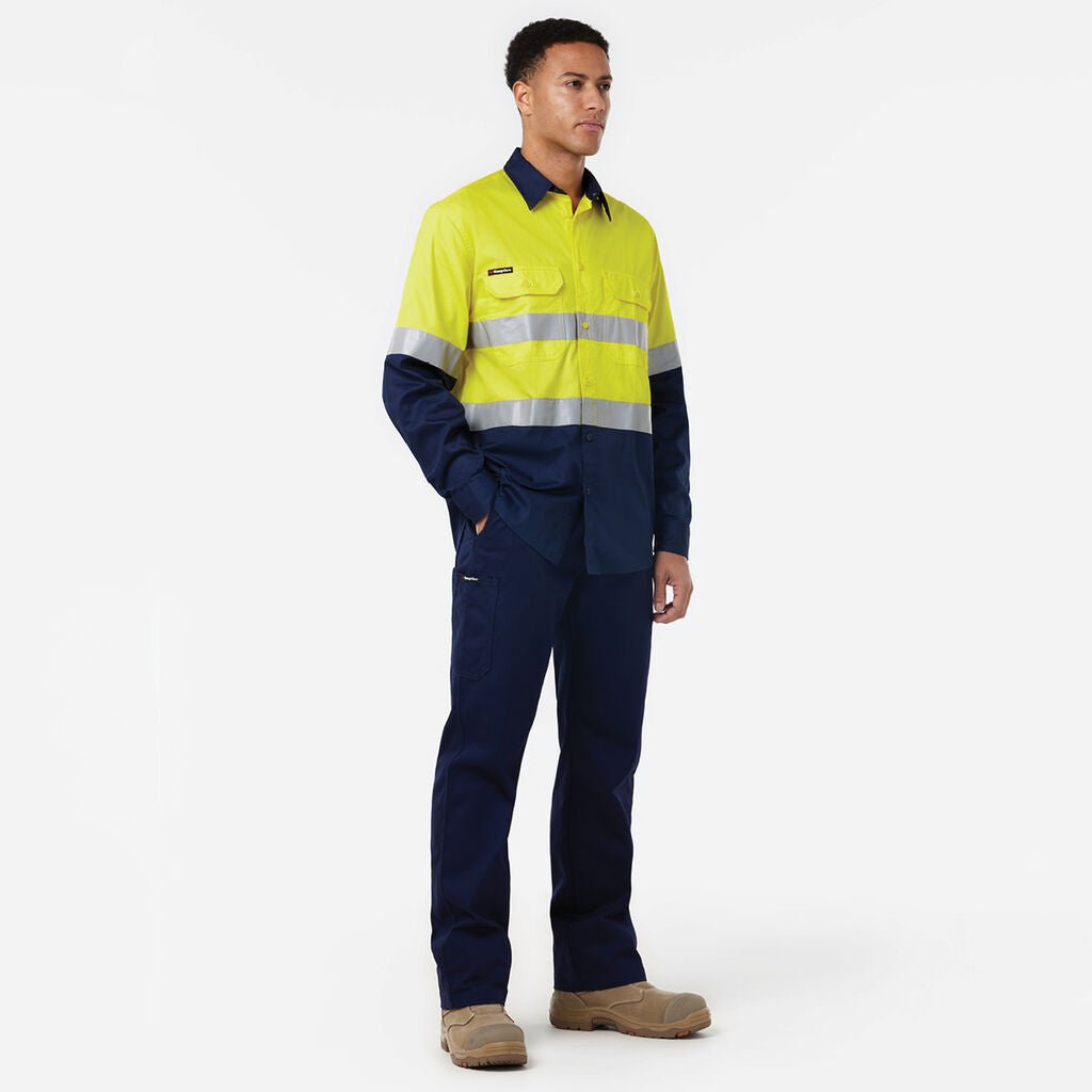 KingGee Basic Vented Spliced Drill Shirt with Reflective Tape LS Yellow/Navy K54025 - Land to Coast