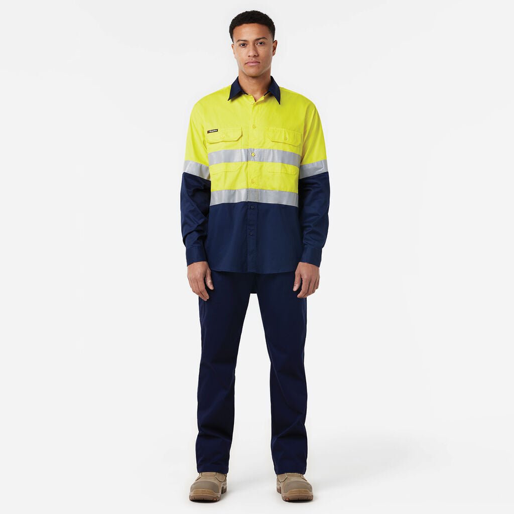 KingGee Basic Vented Spliced Drill Shirt with Reflective Tape LS Yellow/Navy K54025 - Land to Coast