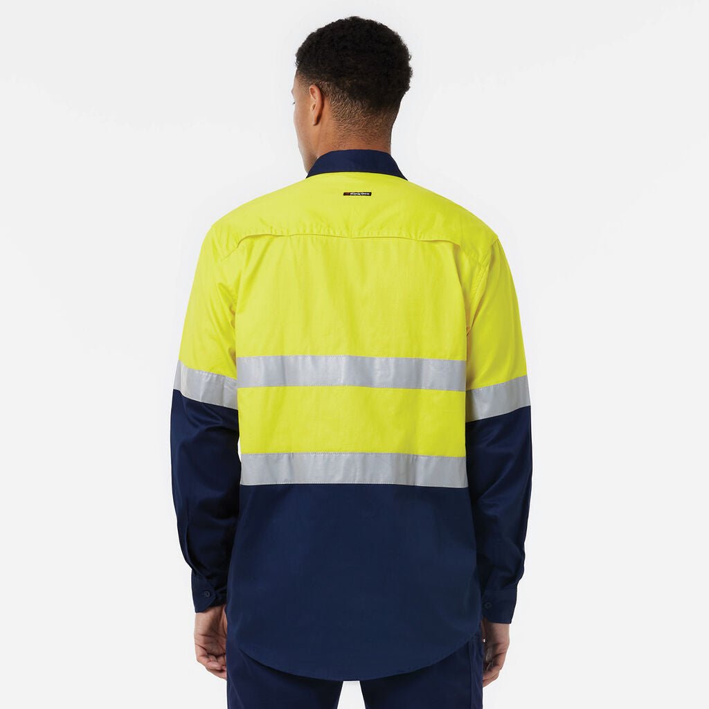KingGee Basic Vented Spliced Drill Shirt with Reflective Tape LS Yellow/Navy K54025 - Land to Coast