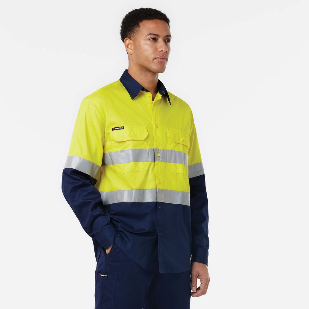 KingGee Basic Vented Spliced Drill Shirt with Reflective Tape LS Yellow/Navy K54025 - Land to Coast