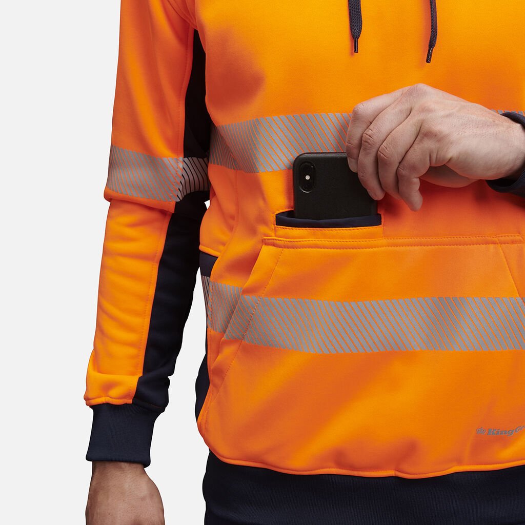 KingGee Hi Vis Reflective Pullover Hoodie Orange/Navy Warm Fleece Workwear K55054 - Land to Coast