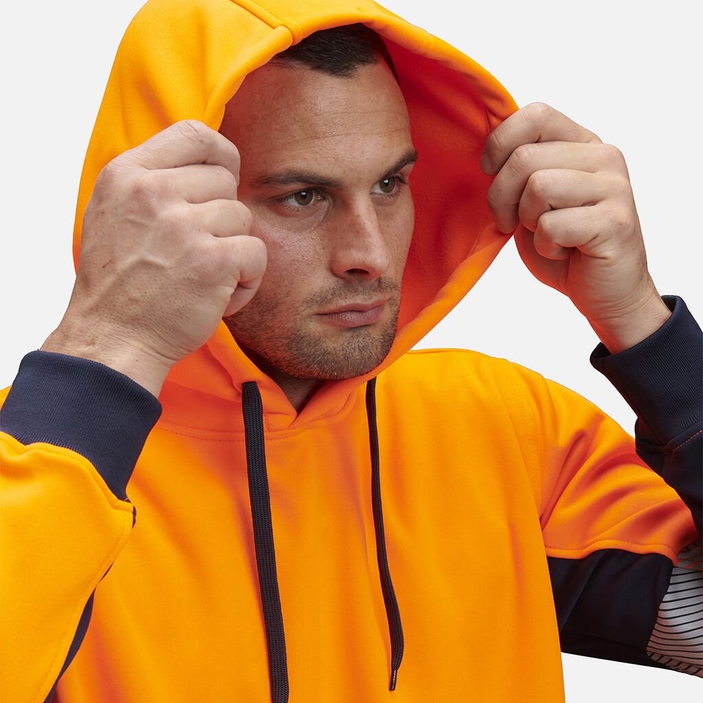KingGee Hi Vis Reflective Pullover Hoodie Orange/Navy Warm Fleece Workwear K55054 - Land to Coast