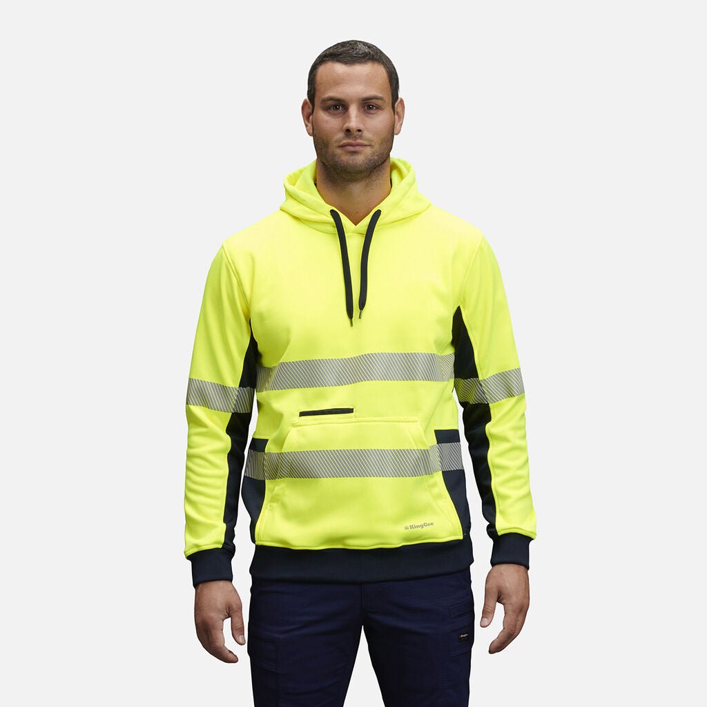KingGee Hi Vis Reflective Pullover Hoodie Yellow/Navy Warm Fleece Workwear K55054 - Land to Coast