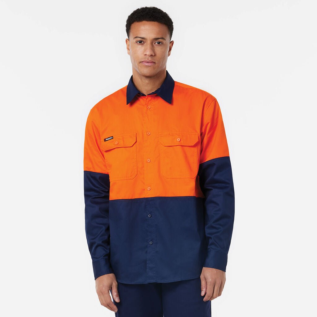 KingGee Long Sleeve Vented Drill Shirt Lightweight Breathable Workwear Orange/Navy K54020 - Land to Coast