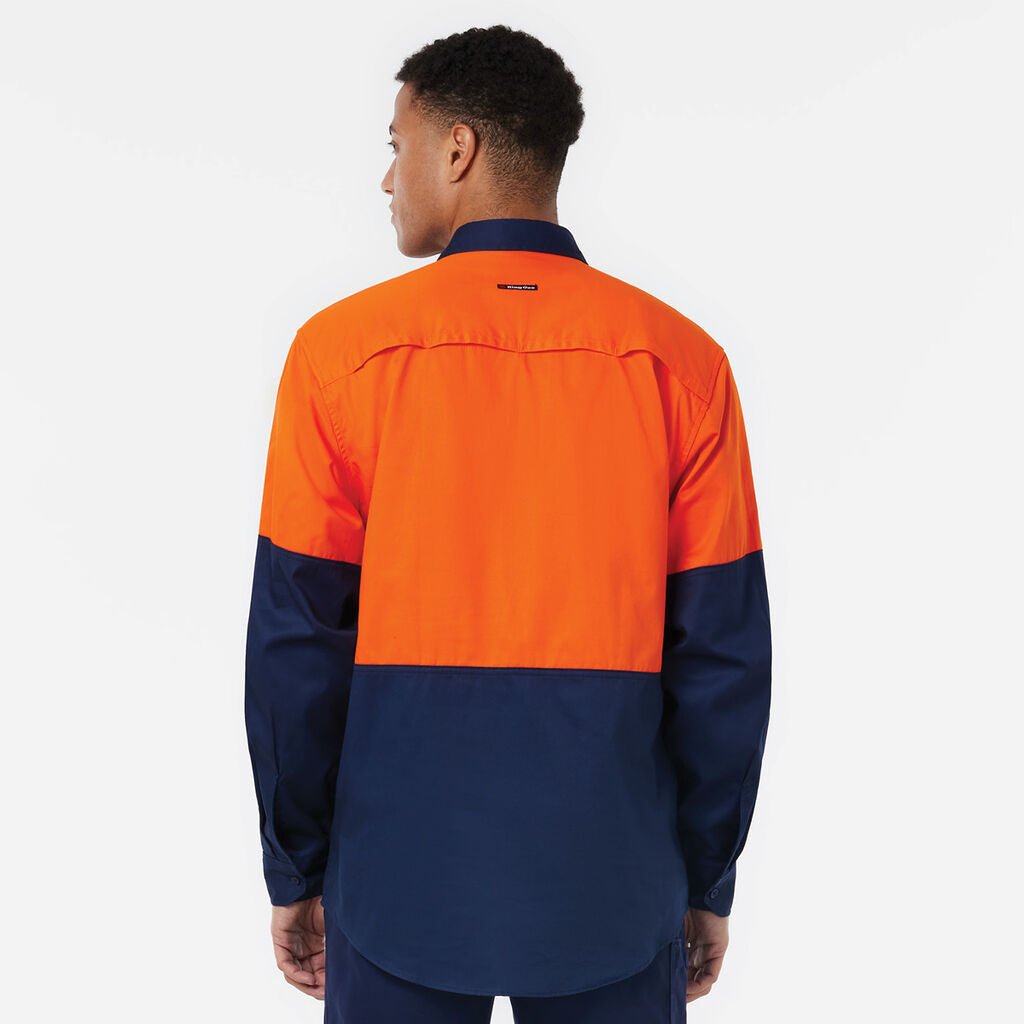 KingGee Long Sleeve Vented Drill Shirt Lightweight Breathable Workwear Orange/Navy K54020 - Land to Coast