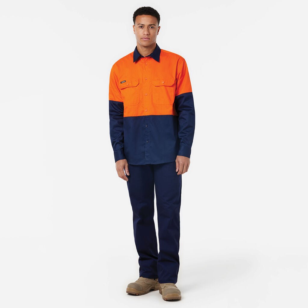 KingGee Long Sleeve Vented Drill Shirt Lightweight Breathable Workwear Orange/Navy K54020 - Land to Coast