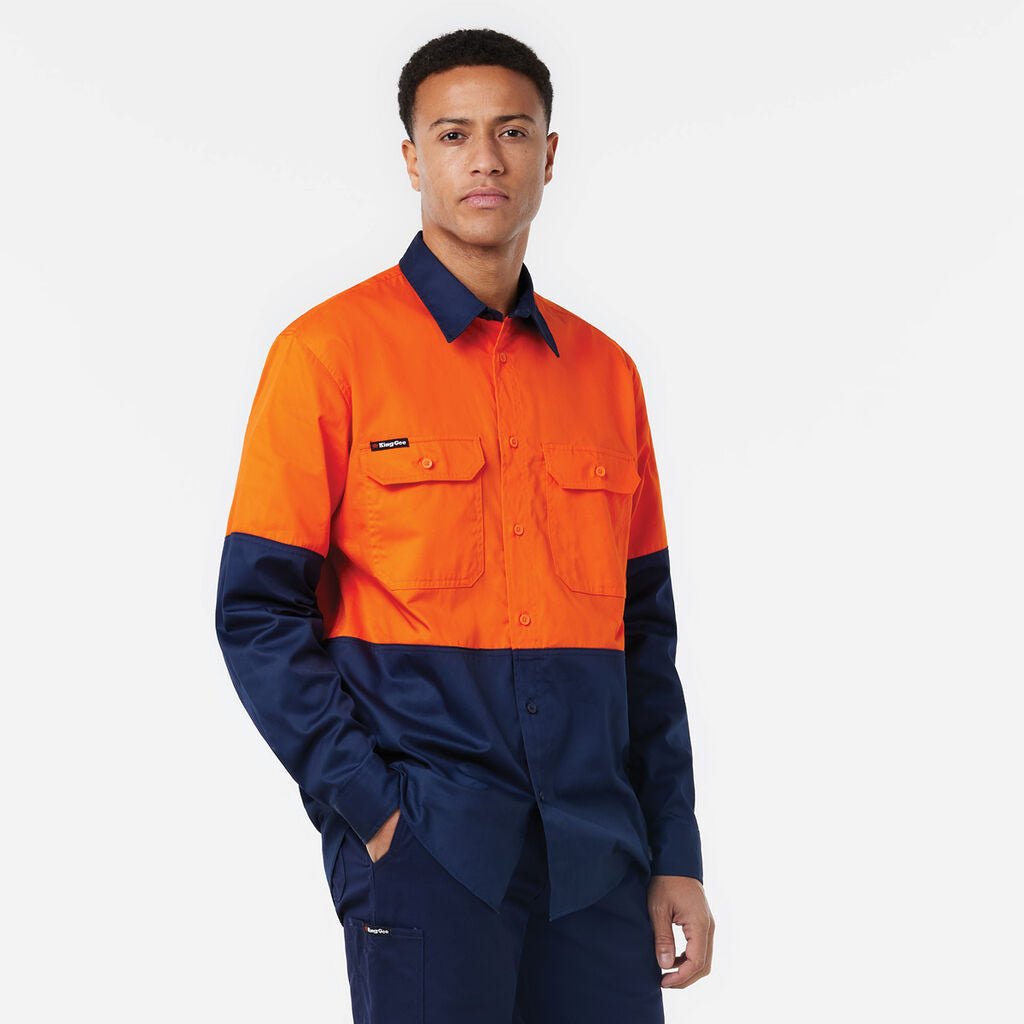 KingGee Long Sleeve Vented Drill Shirt Lightweight Breathable Workwear Orange/Navy K54020 - Land to Coast
