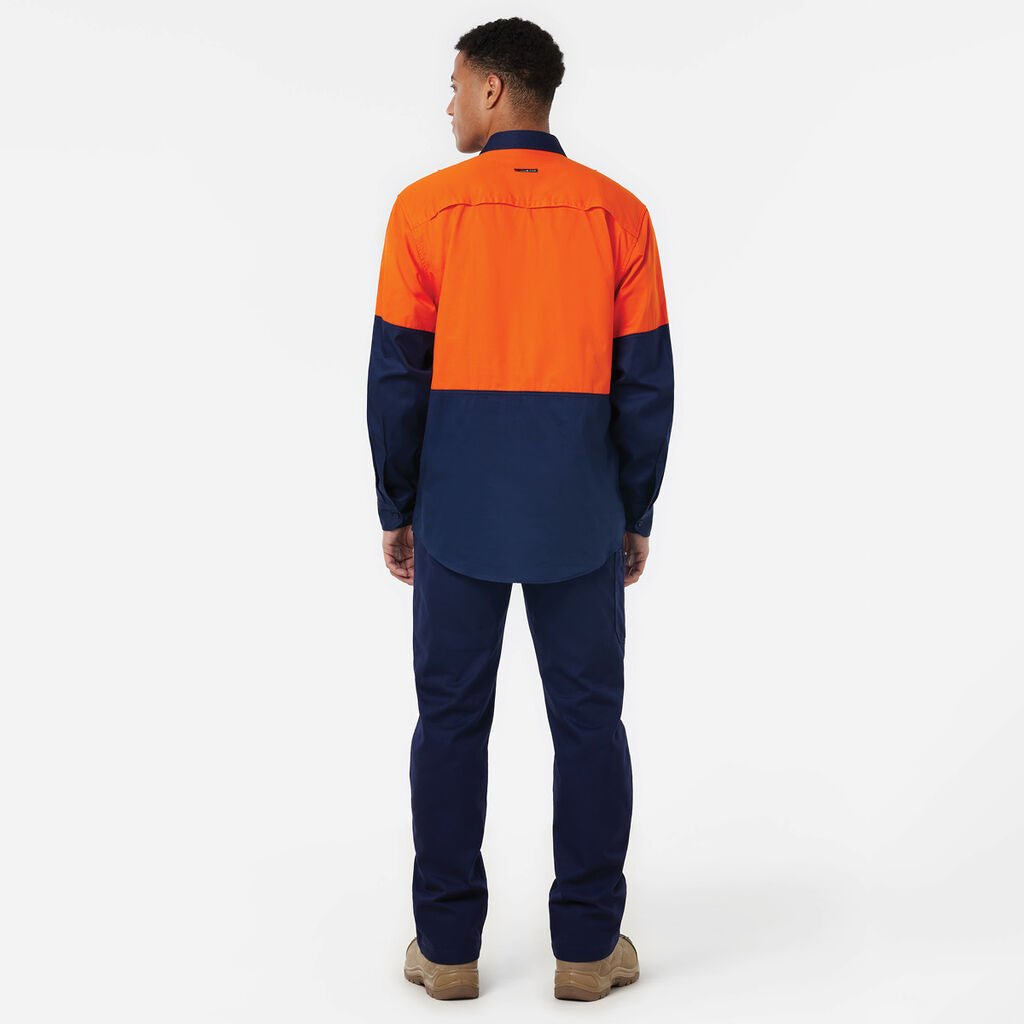 KingGee Long Sleeve Vented Drill Shirt Lightweight Breathable Workwear Orange/Navy K54020 - Land to Coast
