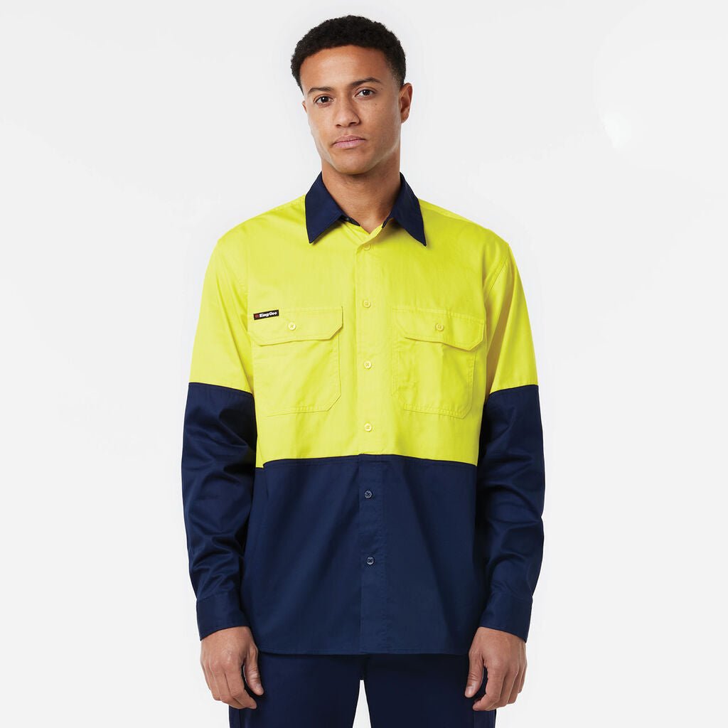 KingGee Long Sleeve Vented Drill Shirt Lightweight Breathable Workwear Yellow/Navy K54020 - Land to Coast