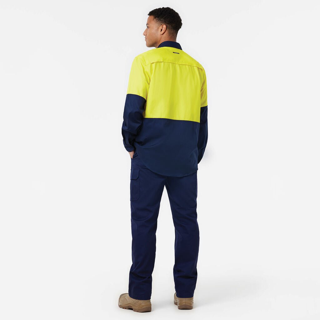 KingGee Long Sleeve Vented Drill Shirt Lightweight Breathable Workwear Yellow/Navy K54020 - Land to Coast