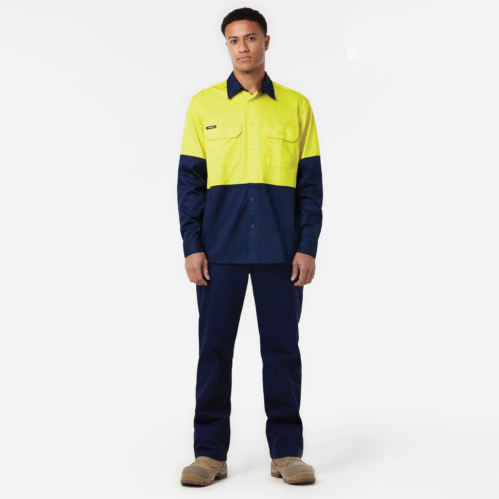 KingGee Long Sleeve Vented Drill Shirt Lightweight Breathable Workwear Yellow/Navy K54020 - Land to Coast