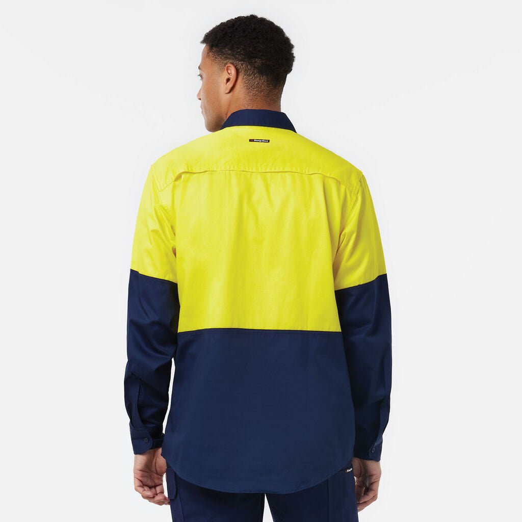 KingGee Long Sleeve Vented Drill Shirt Lightweight Breathable Workwear Yellow/Navy K54020 - Land to Coast