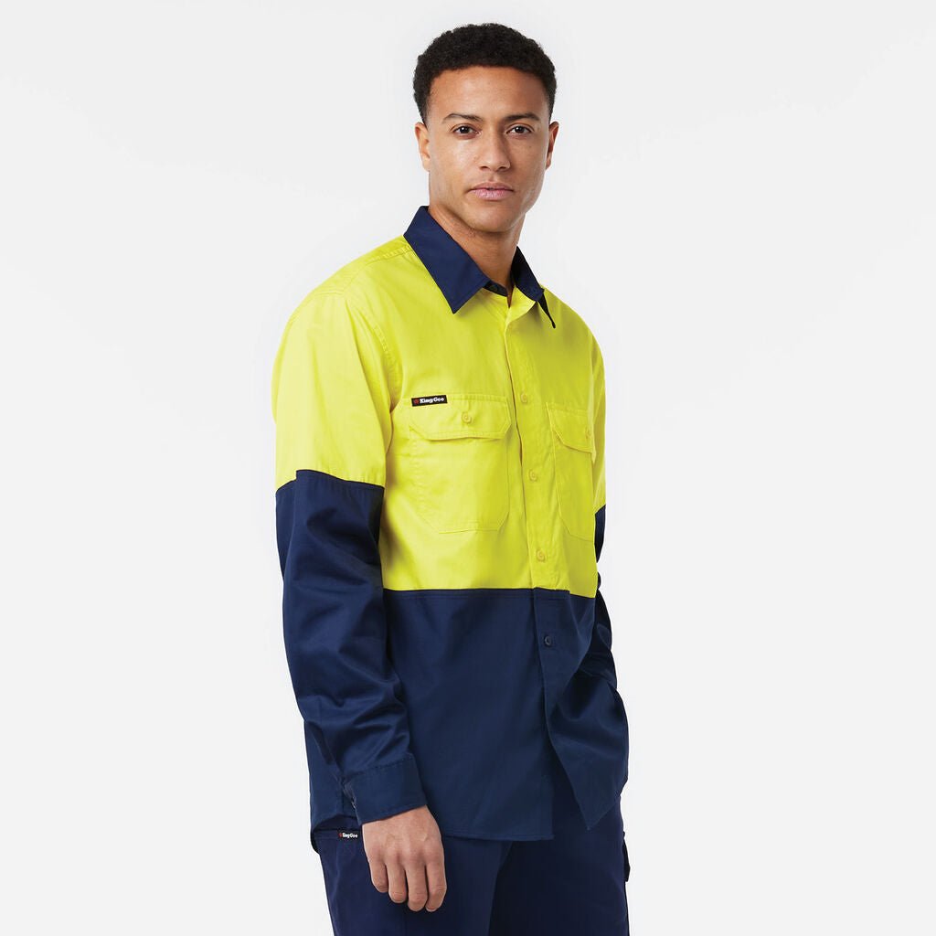 KingGee Long Sleeve Vented Drill Shirt Lightweight Breathable Workwear Yellow/Navy K54020 - Land to Coast