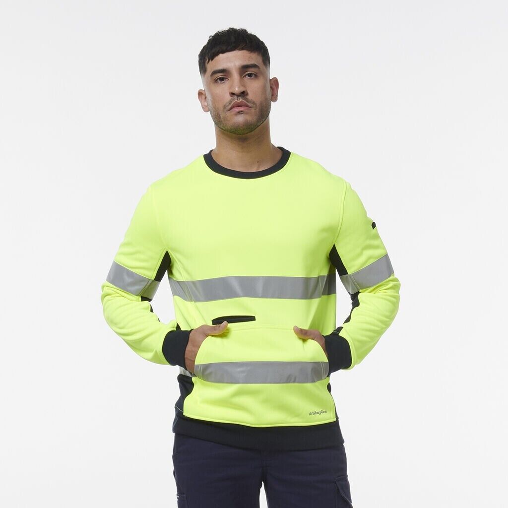 KingGee Mens Hi Vis Reflective Safety Spliced Work Crew Neck Fleece K55058 - Land to Coast