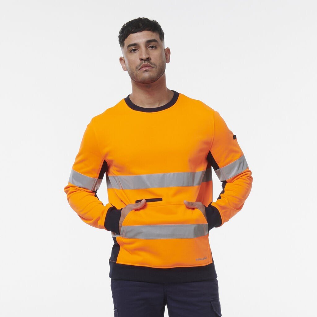 KingGee Mens Hi Vis Reflective Safety Spliced Work Crew Neck Fleece K55058 - Land to Coast