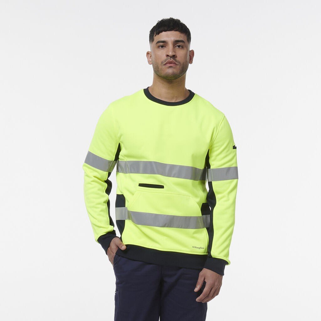 KingGee Mens Hi Vis Reflective Safety Spliced Work Crew Neck Fleece K55058 - Land to Coast