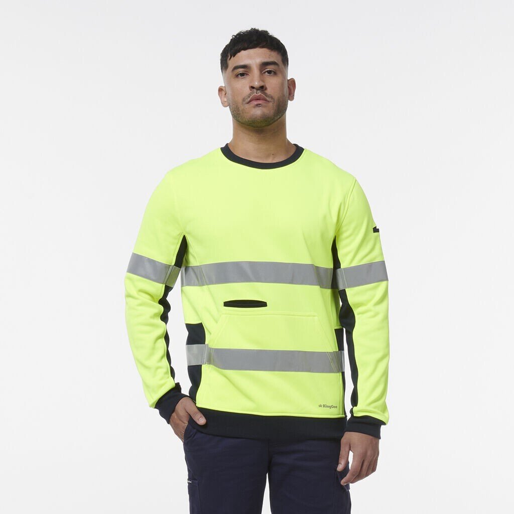 KingGee Mens Hi Vis Reflective Safety Spliced Work Crew Neck Fleece K55058 - Land to Coast