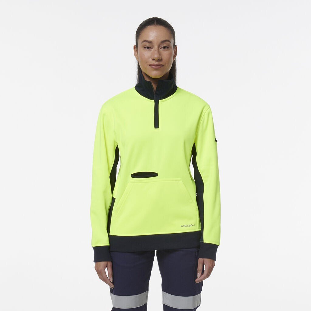KingGee Womens Hi Vis Spliced Pocket Collar 1/4 Zip Fleece Safety Warmer K45008 - Land to Coast