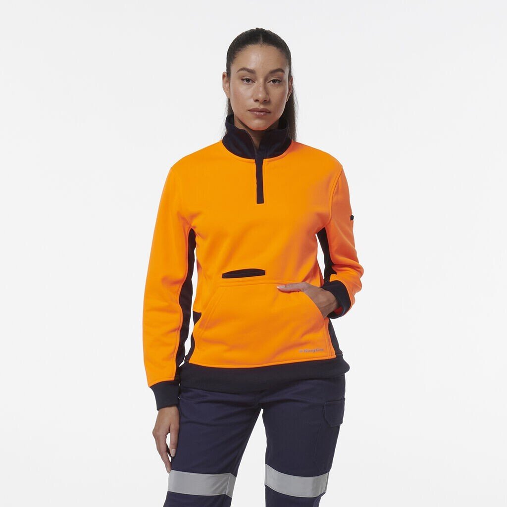 KingGee Womens Hi Vis Spliced Pocket Collar 1/4 Zip Fleece Safety Warmer K45008 - Land to Coast