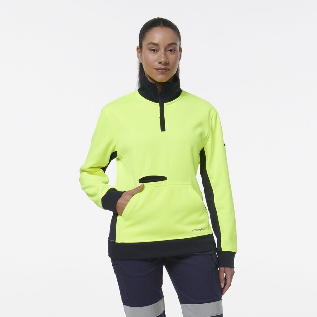 KingGee Womens Hi Vis Spliced Pocket Collar 1/4 Zip Fleece Safety Warmer K45008 - Land to Coast