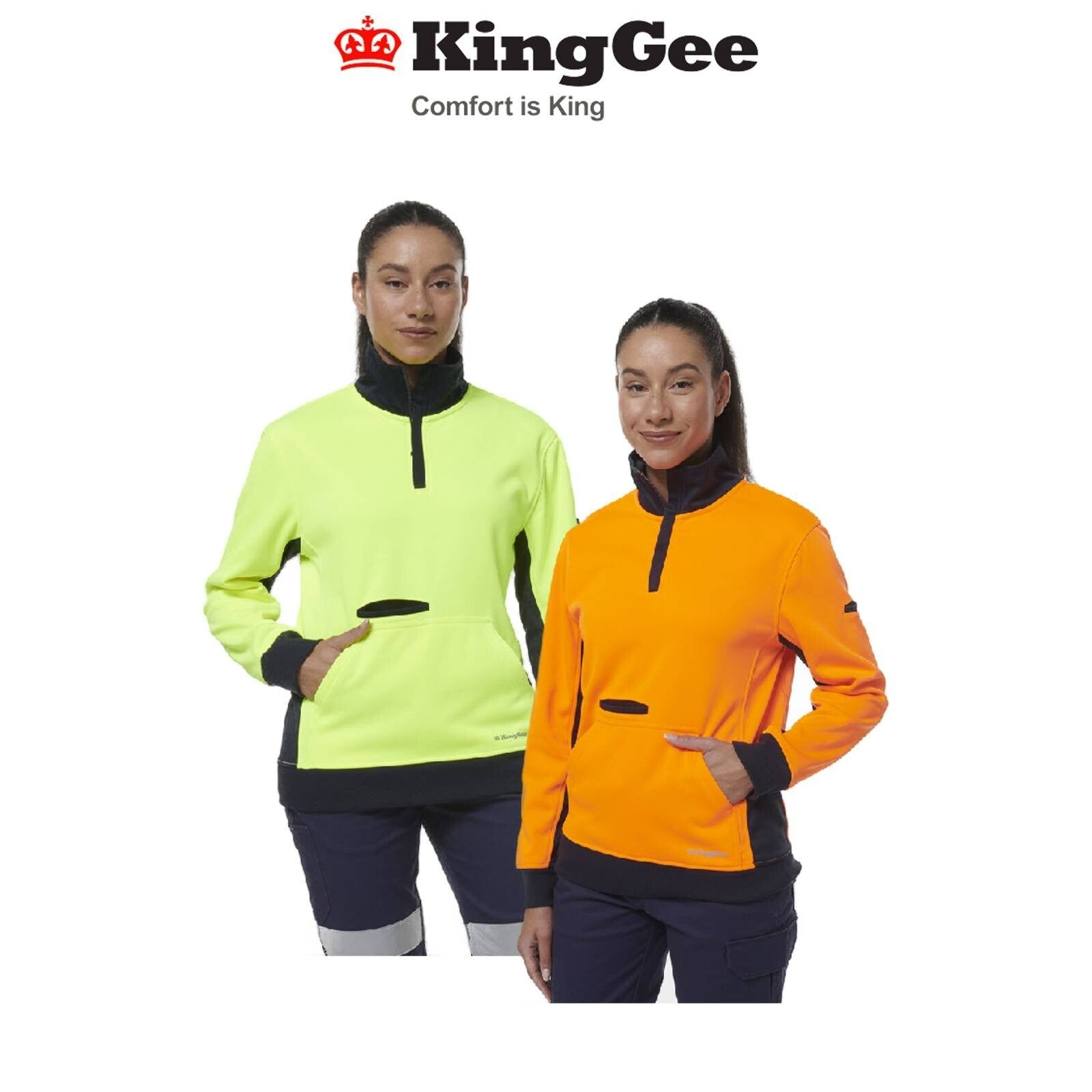 KingGee Womens Hi Vis Spliced Pocket Collar 1/4 Zip Fleece Safety Warmer K45008 - Land to Coast