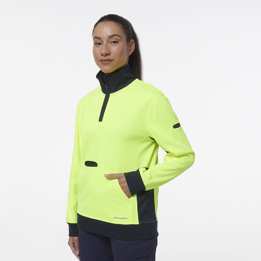 KingGee Womens Hi Vis Spliced Pocket Collar 1/4 Zip Fleece Safety Warmer K45008 - Land to Coast