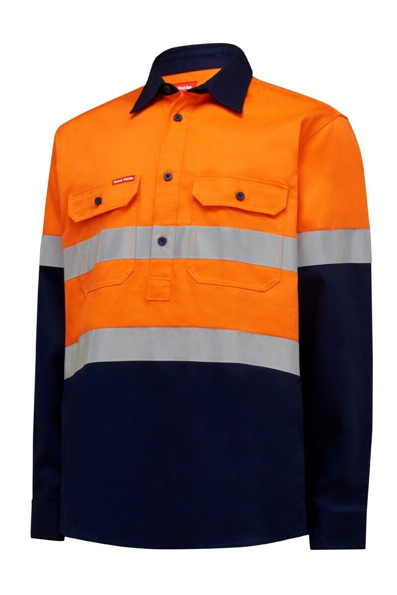 Mens Hard Yakka Core Hi - Vis Closed Front Tough Cotton Taped Work Shirt Y04615 - Land to Coast