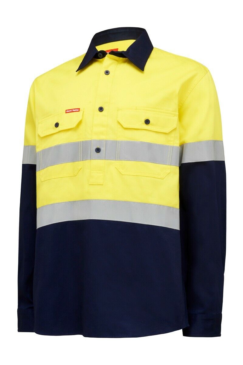 Mens Hard Yakka Core Hi - Vis Closed Front Tough Cotton Taped Work Shirt Y04615 - Land to Coast