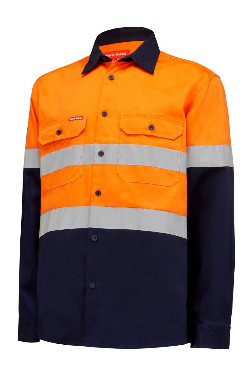 Mens Hard Yakka Core Hi - Vis Open Front Safety Cotton Taped Work Shirt - Land to Coast