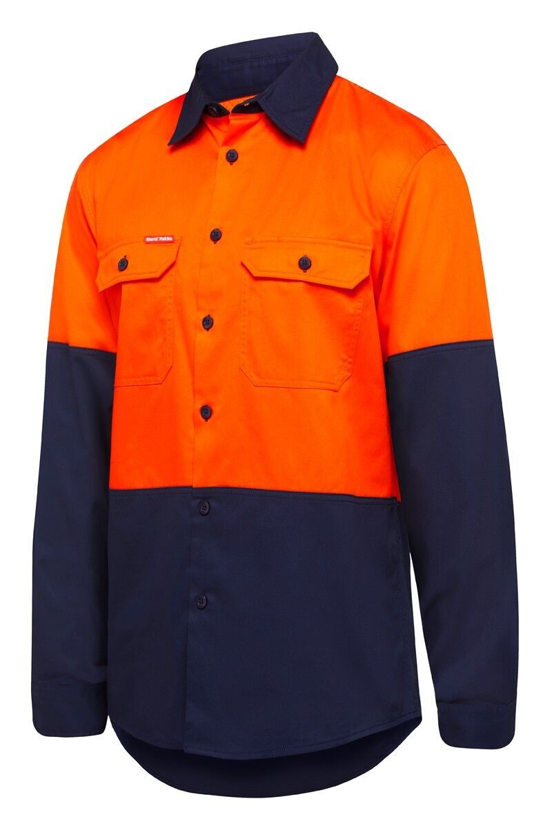Mens Hard Yakka Core Hi - Vis Vented Cotton Twill Work Long Sleeve Shirt Y07950 - Land to Coast