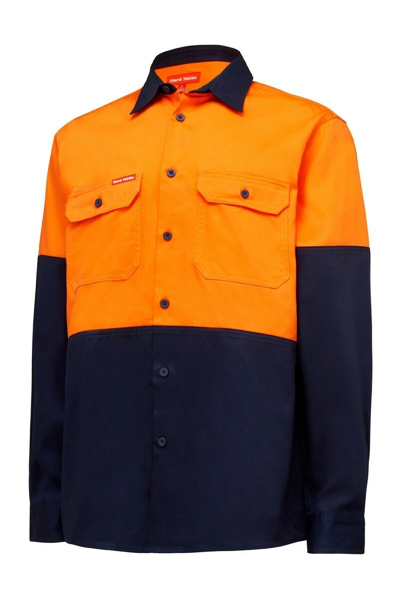 Mens Hard Yakka Core Hi - Vis Work Shirt Heavy Duty Cotton Drill Work L/S Y04605 - Land to Coast