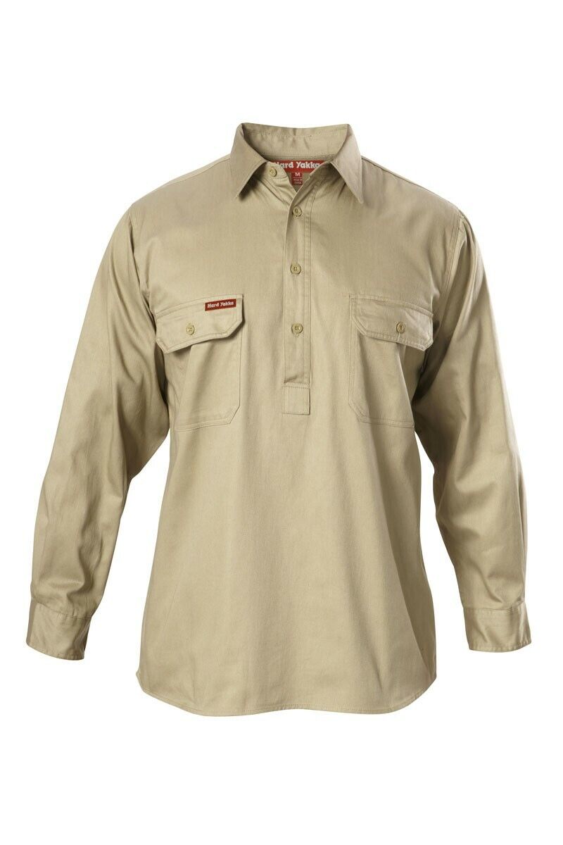 Mens Hard Yakka Foundations Drill Long Sleeve Closed Front Shirt Work Y07530 - Land to Coast
