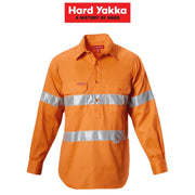 Mens Hard Yakka Foundations Hi - Vis Closed Front Drill Tape Long Sleeve Y07899 - Land to Coast
