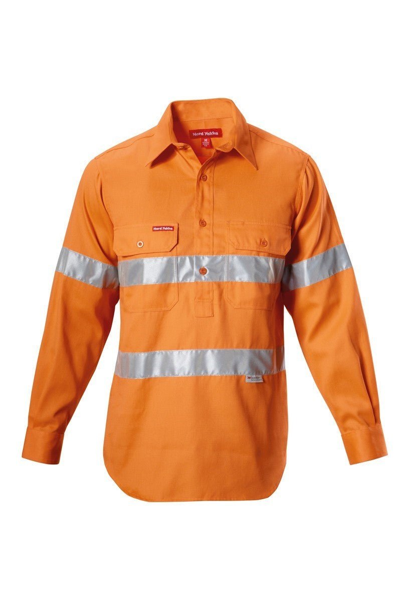 Mens Hard Yakka Foundations Hi - Vis Closed Front Drill Tape Long Sleeve Y07899 - Land to Coast