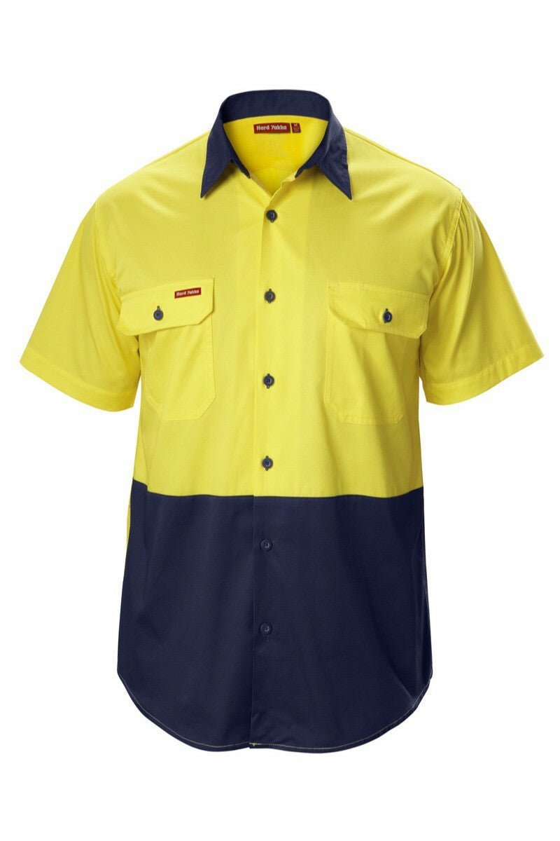 Mens Hard Yakka Koolgear Hi - Vis 2 Tone Short Sleeve Vented Work Shirt Y07559 - Land to Coast