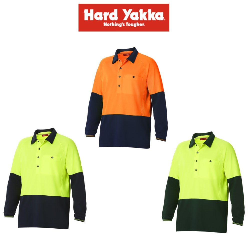 Mens Hard Yakka Koolgear Hi - Vis 2 Toned Long Sleeve Vent Polo Shirt Work Y11389 - Land to Coast