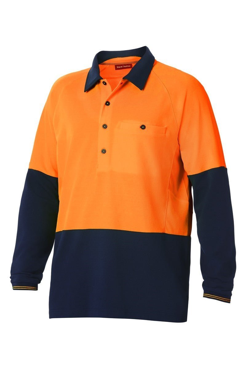 Mens Hard Yakka Koolgear Hi - Vis 2 Toned Long Sleeve Vent Polo Shirt Work Y11389 - Land to Coast