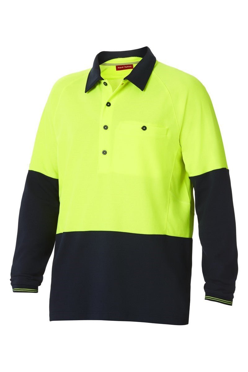 Mens Hard Yakka Koolgear Hi - Vis 2 Toned Long Sleeve Vent Polo Shirt Work Y11389 - Land to Coast
